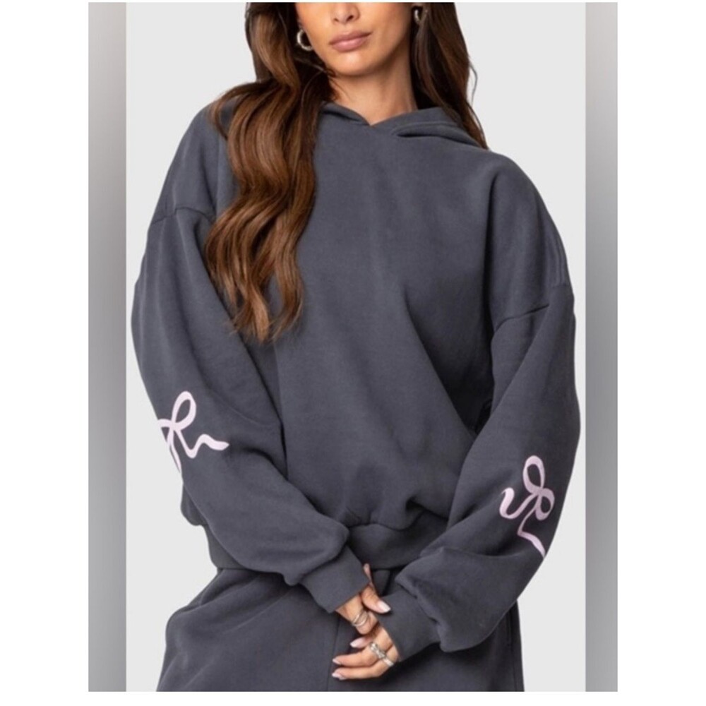 NWT - Edikted Bonney Bow Charcoal Gray Hoodie w Pink Bow Graphic - Large
